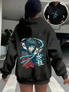 Women's Casual Hooded Drawstring Pocket Sweatshirt, Demon Slayer Print Street Fashion, Geometric Pattern, Fitted Style, All Seasons