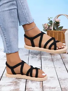 Women's Fashionable Plain Color Slip on Sandals, Casual Comfortable Criss Cross Design Anti Slip Soft Soled Flat Sandals for Beach, Outdoor, Daily Wear