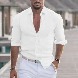 Mens button down shirt linen cotton casual long sleeve spread collar lightweight beach plain tops