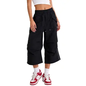 Bakyarder Women’s Parachute Pants Baggy Wide Leg Cropped Capri Y2K Streetwear Drawstring Waist with Pockets