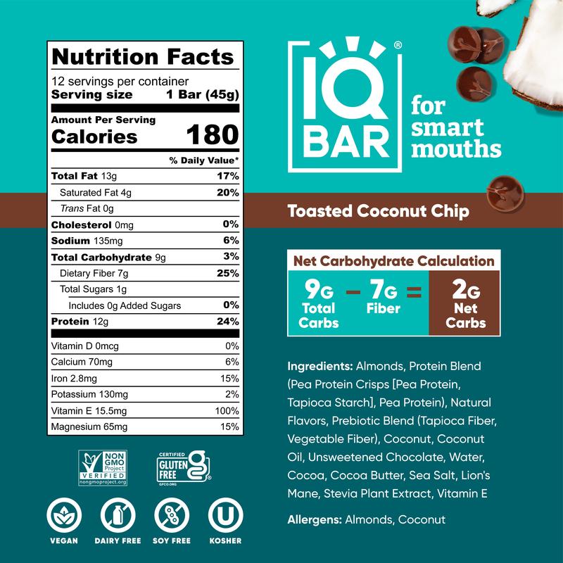IQBAR Toasted Coconut Chip (12 Bars) - Brain and Body Plant Protein Bars - 12 Count, Low Carb, High Fiber, Gluten Free, Vegan Snacks - Low Sugar Keto Energy Bar