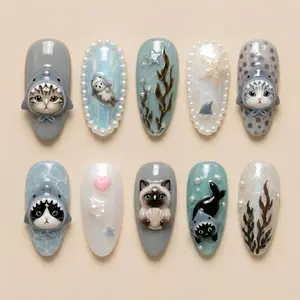 Ocean Shark Kitty Pearl Press On Nails, Cute Sea Cat Mermaid Nails, 3D Kawaii Nail Art Set