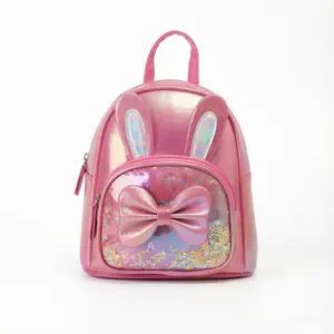 Girls Pink Holographic Bunny Ear Mini Backpack Glitter Bow Sequin School Bag for Toddlers Cute Gift Purse for Travel Party Daily Use