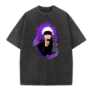 Jujutsu Kaisen Satoru Gojo T-Shirt Vintage Wash Anime Graphic Tee for Menswear Top - Premium Cotton Streetwear Tee with Iconic Gojo Print & Japanese Text