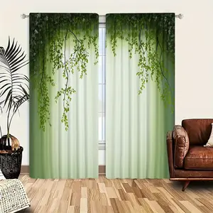 2-piece set of willow forest printed curtains, green gradient design, pole pocket style, semi sunshade polyester fiber, suitable for home living room, bedroom, balcony, kitchen window decoration, anti privacy, Easy Install Curtain, easy to clean