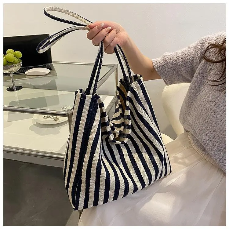 Women's Korean Retro Artistic Nylon Handbag - Minimalist Fresh Striped Street Shoulder Bag, High-Capacity Casual Fashion Shopping Tote, Everyday Bag, Chic