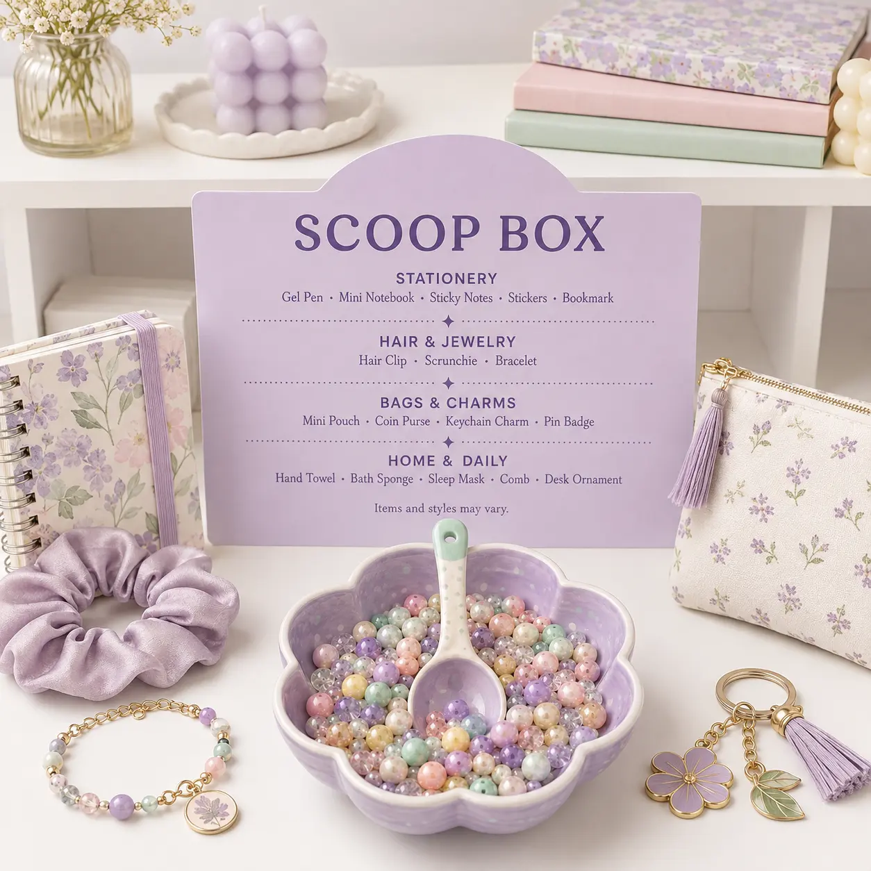 Scoop Box Gift Set with Cute Stationery, Hair Accessories, Keychain Charms, Mini Pouch, Bracelet and Daily Essentials, Purple Birthday Christmas Halloween Gift for Women