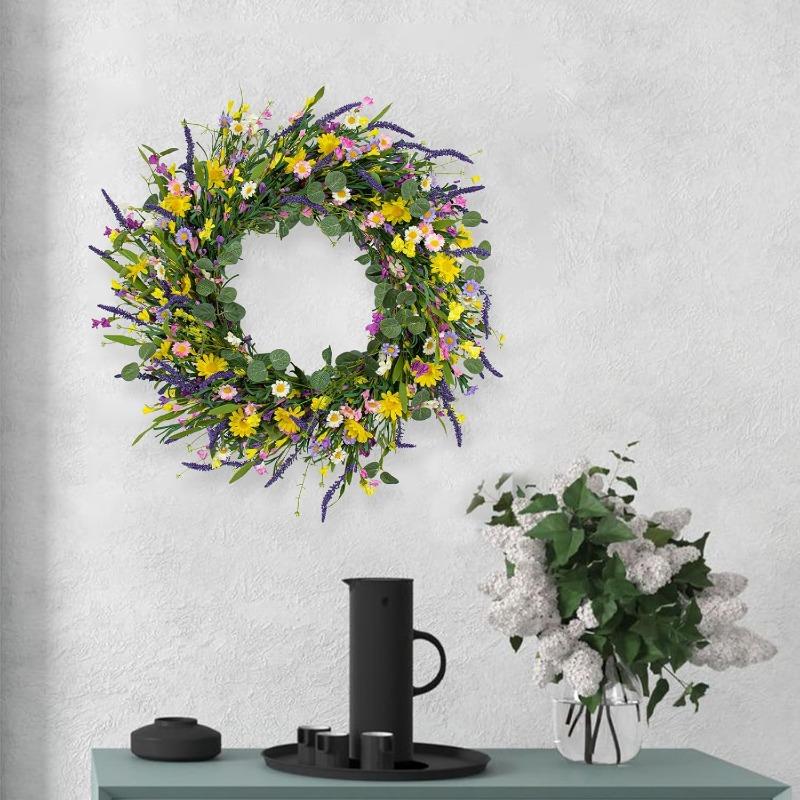 J'FLORU Spring Wreaths for Front Door 22 Inch Artificial Summer Wreath Daisy and Lavender Wreath with Wildflowers for Home Wall Farmhouse Springtime Easter Holiday Party