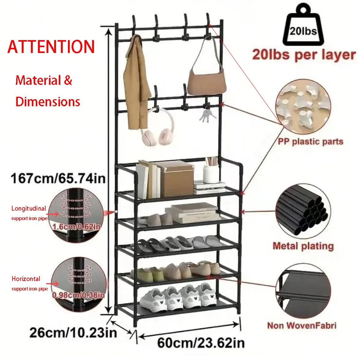 Multiple colors and sizes 5-Tier Coat And Shoe Rack Combo with 8 Hooks, Suitable for Entryways, This Shoe Rack Features a Double-Row Storage Design for Homes, Bedrooms, Offices. It Is a Freestanding Organizer That Can Hold Shoes, Clothes, Hats, And Bags