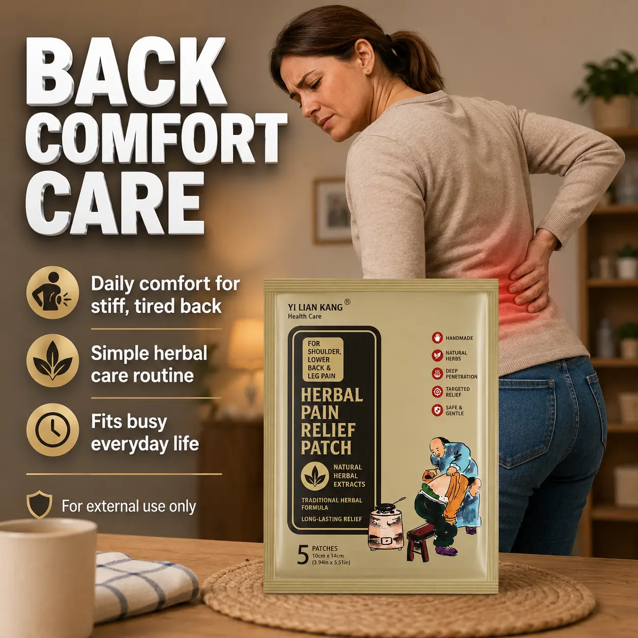 Traditional herbal black paste patch for soothing lower back muscle strain—reduces stiffness, soreness, and pain. Helps relieve stiffness after prolonged sitting or standing. Warm, moisturizing formula that penetrates to relax waist and back muscles. Suit