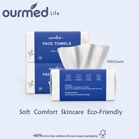 Ourmed Life Disposable Face Towels, Unscented, Lint‑Free, Biodegradable, Ultra‑Soft, Tear‑Resistant, 100/300/600 Count, for Sensitive Skin, Gentle Skincare, Makeup Removal