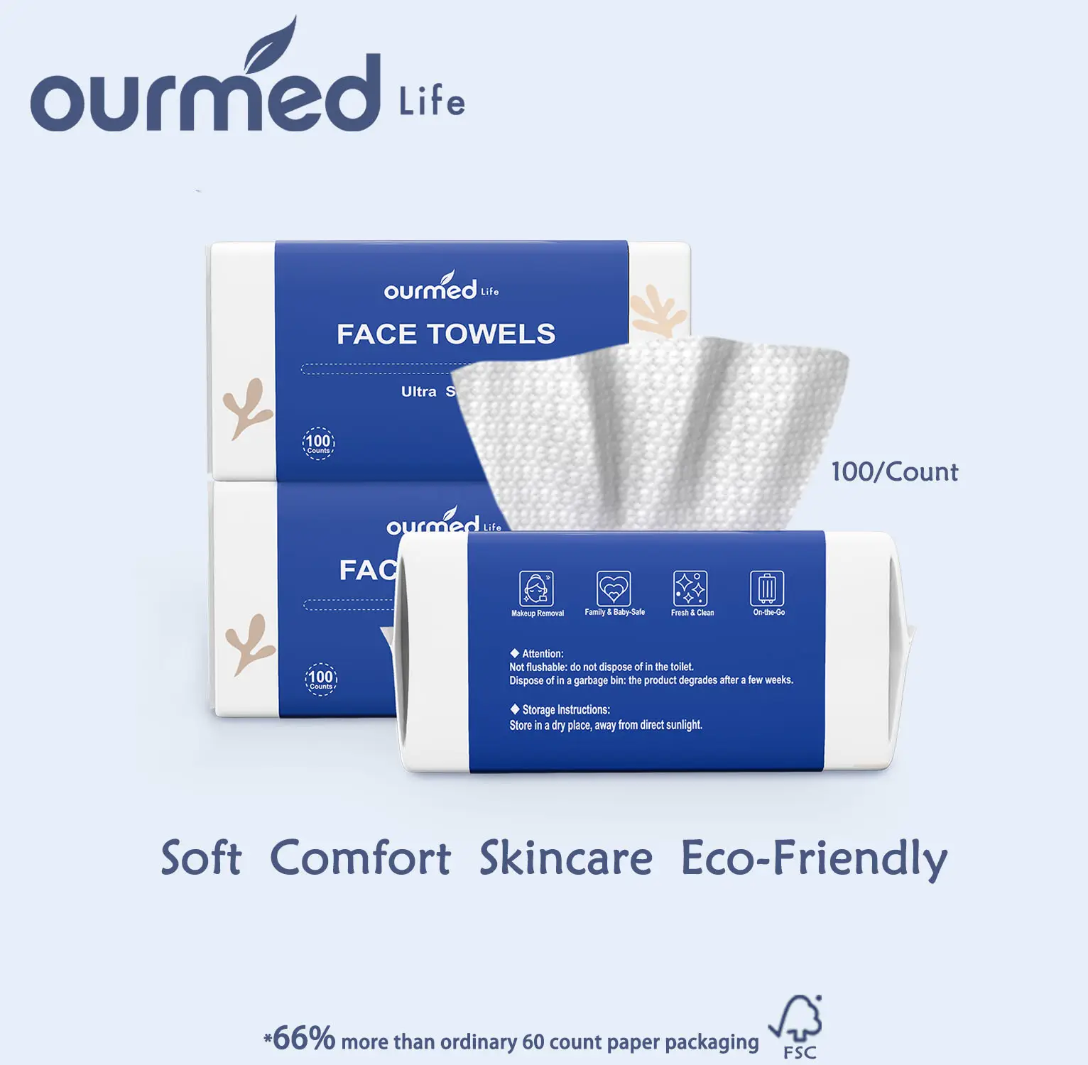 Ourmed Life Disposable Face Towels, Clean Facial Wash Cloth without Lint, Biodegradable Cleansing Dry Wipes, Smooth Ultra Soft Tissue Skincare and Cle