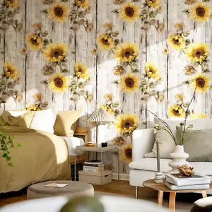 Vintage Sunflower Wood Grain Wallpaper, Removable Self-Adhesive Floral Design, American Country Style Decor, Kitchen, Bedroom, Living Room