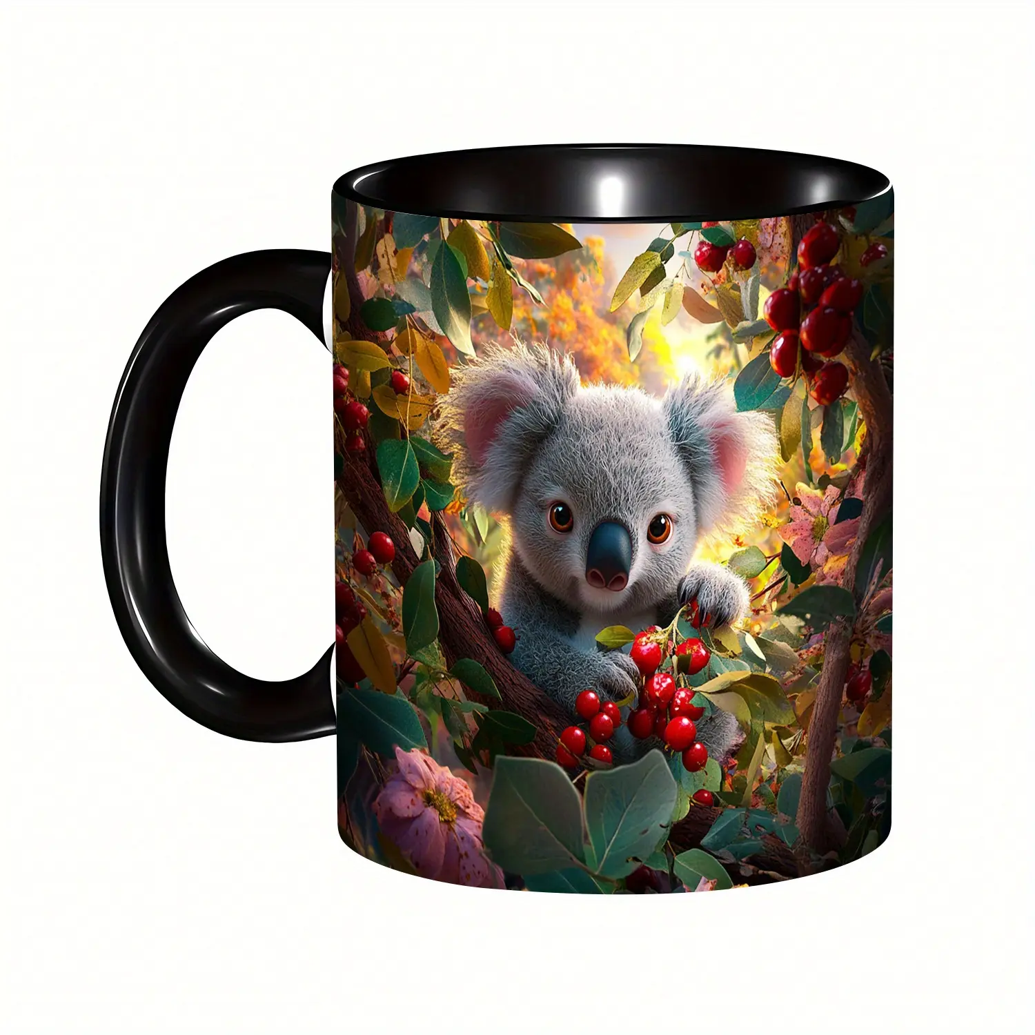 Cute Koala Mug, Forest Wildlife and Berry Printed Ceramic Coffee Cup with Black Interior, 11oz, Animal Lover Gift for Women Men Friends and Family