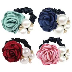 4PCS Korean Fashion Pearl Hair Rope Rose Flower Rhinestone Hair Ties Jewelry Rubber Band