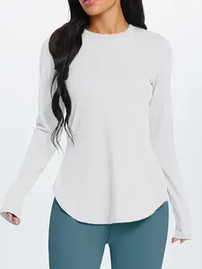 Women's High Elasticity Long Sleeve Top, Casual Round Neck Split Hem Shirt for Daily Wear Gym Yoga Running, Fitness Clothes Tops, Autumn Winter Fashion Gym Tops