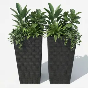 Garvee Large Outdoor Plastic Planters with Removable Liner and Drainage Holes, Ideal for Plants and Flowers on Terrace, Balcony, Garden, Rattan Style, 2 pcs, 82cm High, with Tray, Black