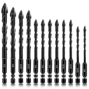12-PCS Concrete Drill Bit Set & Masonry Drill Bit Set, Cement Drill Bits for Concrete Brick Wall, Tile Glass Ceramic, Masonry Drill Bit 1/8 to 1/2 inch Industrial Strength Carbide Cross Drill Bit Tip Outdoorfun Hexagonal