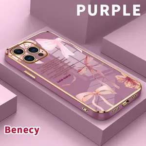 Plating Mobile Phone Case for iPhone 15 Pro Max 16 14 Plus 13 12 11 X XS Max XR Pink Bow Blessing Printed Soft Silicone TPU Glossy Anti-oil Protective Cover