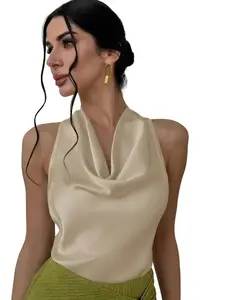 2026 New Satin Cowl Neck Halter Top with Bow Tie Back, Elegant Silky Blouse, Backless Sexy Sleeveless Shirt, Flattering Draped Neck Party Top for Date Night, Wedding Guest & Club Outfits