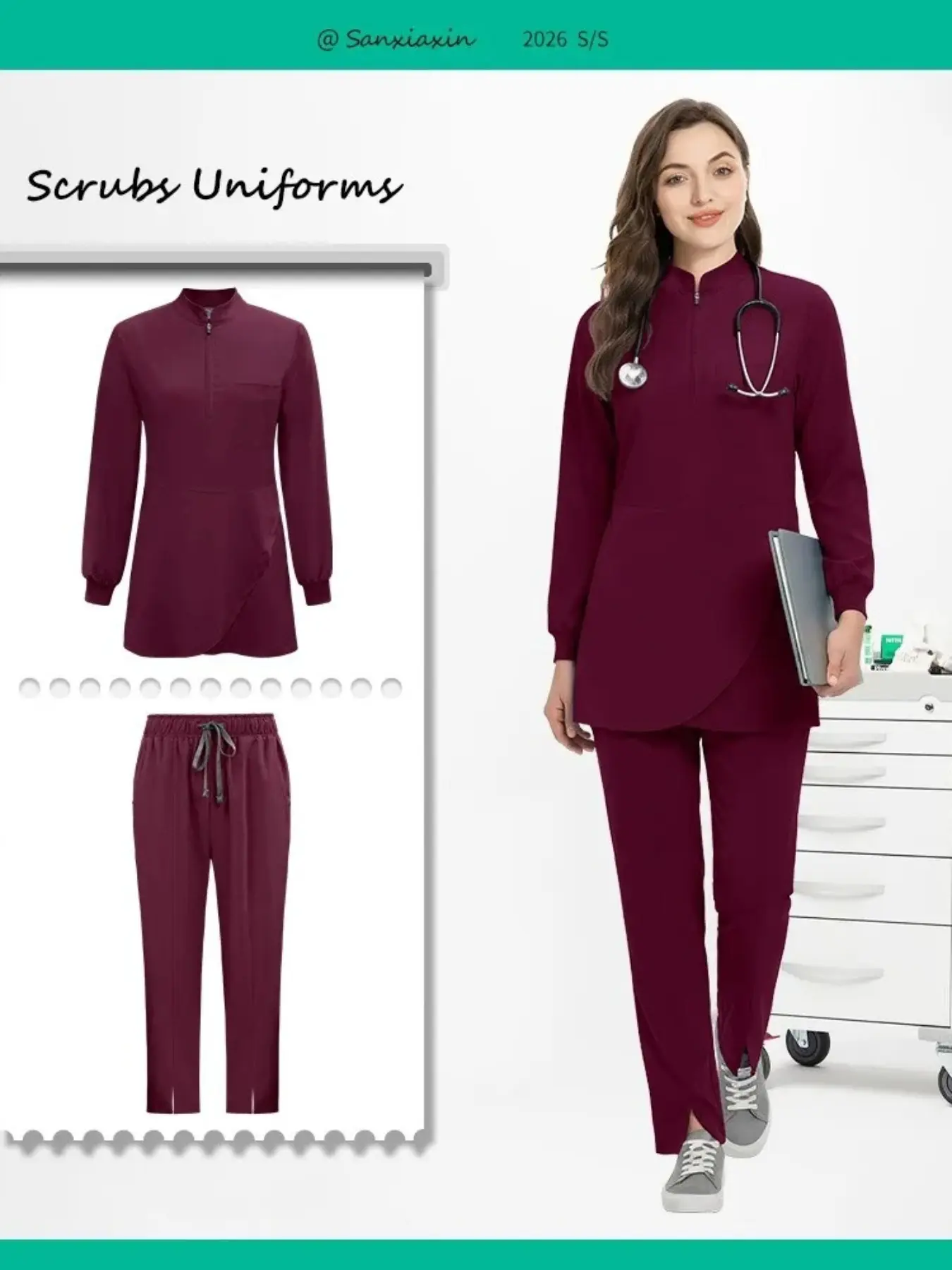 Nursing Scrubs Woman Clothes Surgical Uniforms Muslim Style Medical Uniform Long Sleeved Top Vneck Straight Pants Set Breathable Soft Basic Workwear