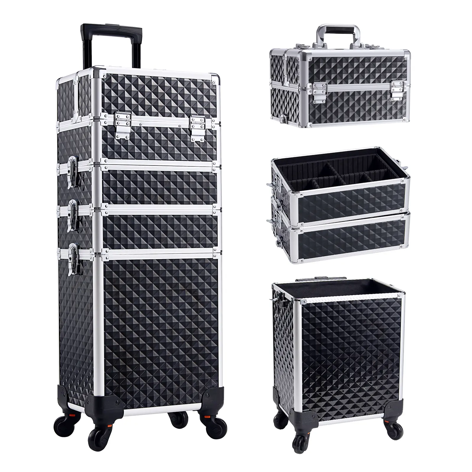 Joligrace 4 in 1 Rolling Makeup Train Case Large Cosmetic Trolley Box with Key Swivel Wheels Salon Barber Case