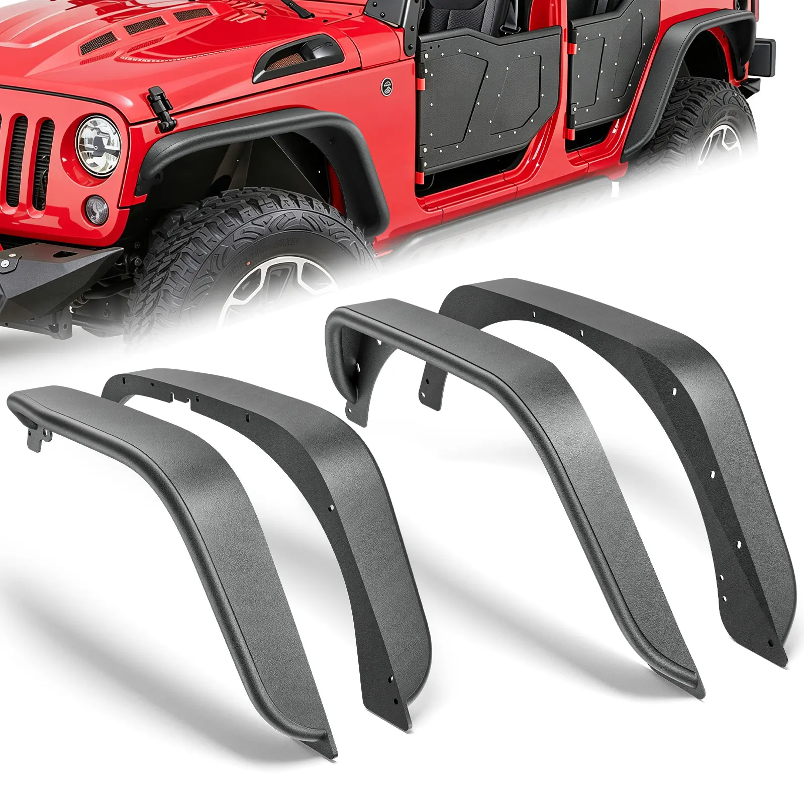 【Yzona】Front & Rear Tubular Fender Flares Kit Compatible with 2007-2018 Jeep Wrangler JK JKU Unlimited 2-Door & 4-Door, 4-Piece Heavy-Duty Steel Off-Road Wheel Fender Set, Textured Black, 2 Front Fender Flares, Powder Coated