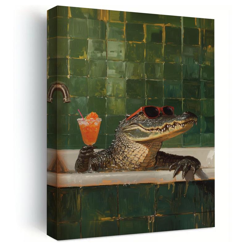 Wall Art, Fashion Poster, Crocodile Taking a Bath and Drinking Red Wine Art Print, Abstract Humorous Animal Canvas Painting, Unique and Creative Wall Aesthetic Decoration, Perfect Decoration for Living Room and Bedroom
