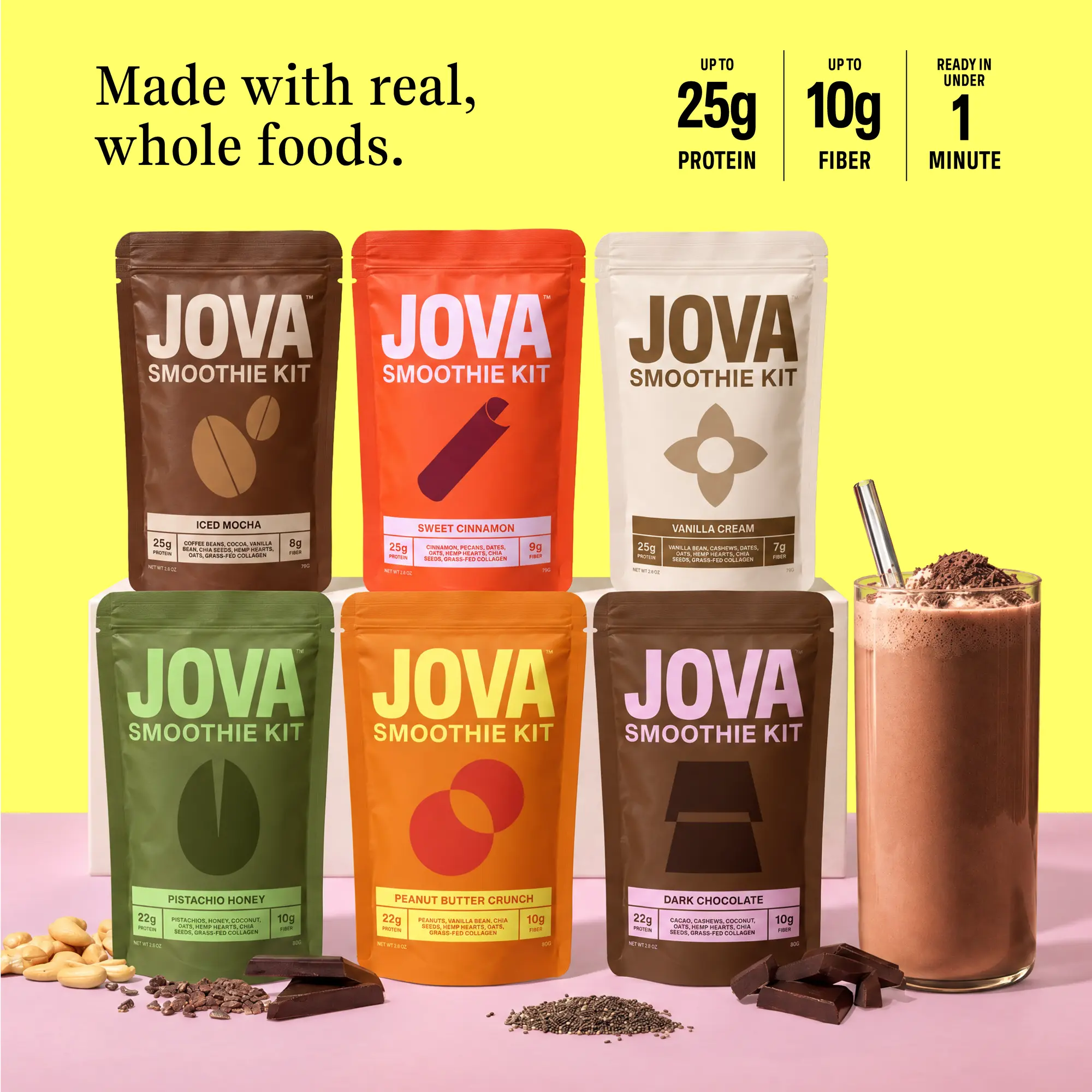 JOVA Smoothie Ultimate Variety Pack - Protein, Fiber & Collagen Beverage, Dietitian-Developed, Pre-Measured Whole Food Smoothie Kit - Up to 25g Protein + 10g Fiber