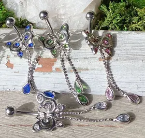 1pc Butterfly Chain CZ Gem Belly Ring Navel Piercing Pierced Naval Body Jewelry - Only Pink And Red Left In Stock!
