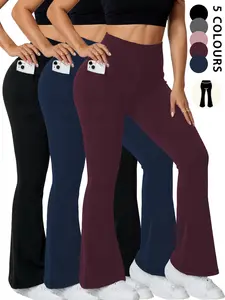 Women's 3-Pack Super Soft Flare Pants with Pockets, High-Waisted Tummy Control Bell Bottoms, No-See-Through Workout & Yoga Leggings, Fitness Yoga Pants