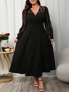 【Plus Size】 Plain V Neck Sheer Dress, Elegant Bishop Sleeve Long Sleeves Dress for Party Holiday Wedding Guest, Women's Clothes for Spring & Fall, Fitted