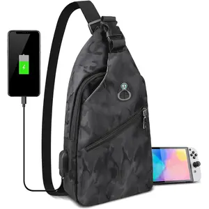 Sling Crossbody Backpack for  /2/Lite/OLED, Portable   Chest Carrying Travel Bag for NS Console Dock Joy-Cons & Accessories Storage for Men, USB  Port, Black