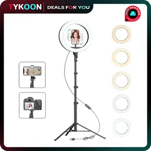 TYKOON 10” Ring Light with 63” Stand & 2 Phone Holders, 360° Adjustable for YouTube, TikTok, Makeup, Photography, Compatible with All Cameras/Phones Selfie Bluetooth