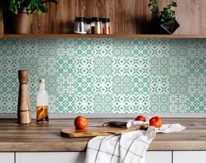 360 Stand Square Size Removable Wallpaper Tiles, 7x7 in. Light Green & White Geo Peel & Stick, 24 Sheets for Indoor Use