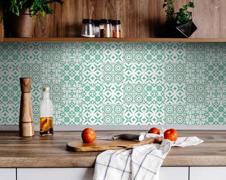 Coastal Geometric Vinyl Square Decorative Wallpaper Stickers - 7"x7" Removable Peel & Stick Tiles, Light Green & White 360-Stand Design, 24 Pcs, Easy Application for Bathroom Renters, Indoor Use on Kitchen Counter, Nook, Fireplace Mantel