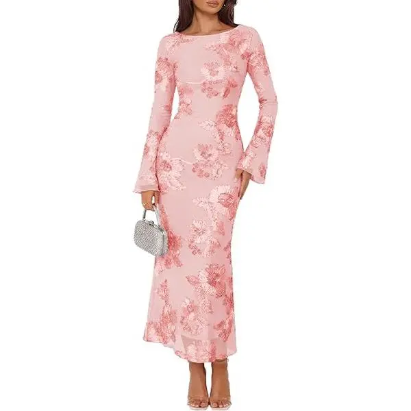 ZESICA Women Fall Long Sleeve Wedding Guest Cocktail Maxi Dress | Bodycon, Mesh, Back Slit, Floral, Crewneck, 2026 Formal Elegant Bridal Shower Birthday Holiday Evening Party, Winter Dresses