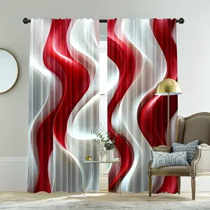 2pcs red striped printed curtains made of polyester fiber material. Translucent privacy protection design, hand washable and machine washable, suitable for bedroom and living room decoration, home decoration, living room curtains Window Drapes