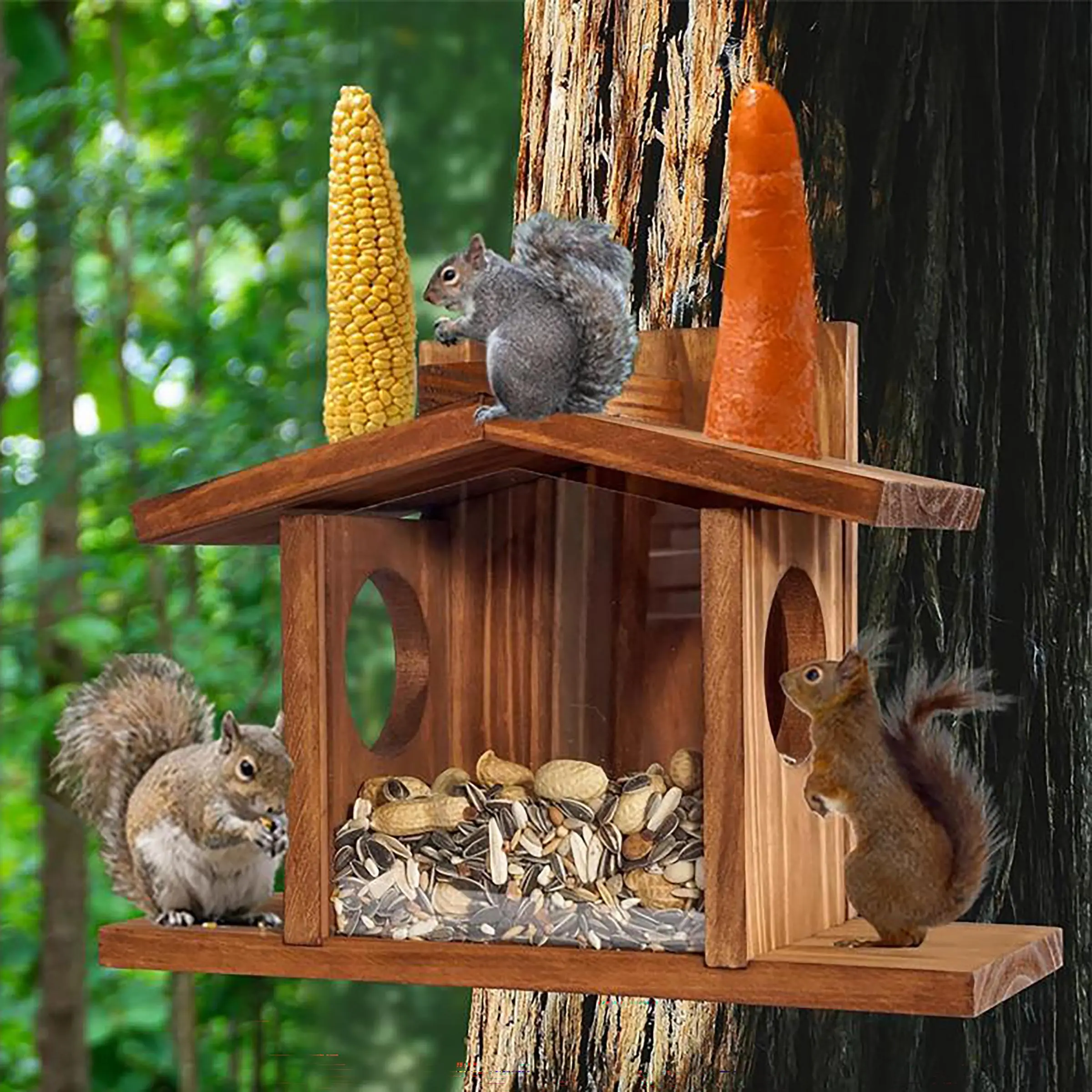 Wooden Bird Feeder, Outdoor Squirrel Bird Feeder, Clear Visible Grain Nuts Corn House, Garden Gift for Outdoor Birds Squirrel Lovers, Hanging Bird Feeder, Bird Feeders For Outdoors