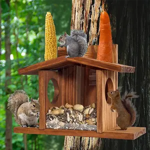 Wooden Bird Feeder, Outdoor Squirrel Bird Feeder, Clear Visible Grain Nuts Corn House, Garden Gift for Outdoor Birds Squirrel Lovers