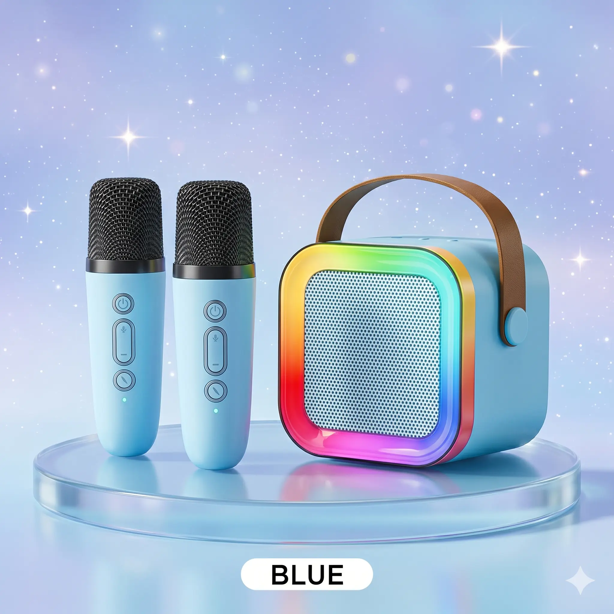 Portable Pastel Blue Karaoke Set - Compact Portable Bluetooth 5.3 Speaker with Wireless Mic, Music Playback, Colorful LED Lights, USB/AUX Compatibility, Mobile/Tablet Stand for Kids Gifts, Portable Bluetooth Speaker