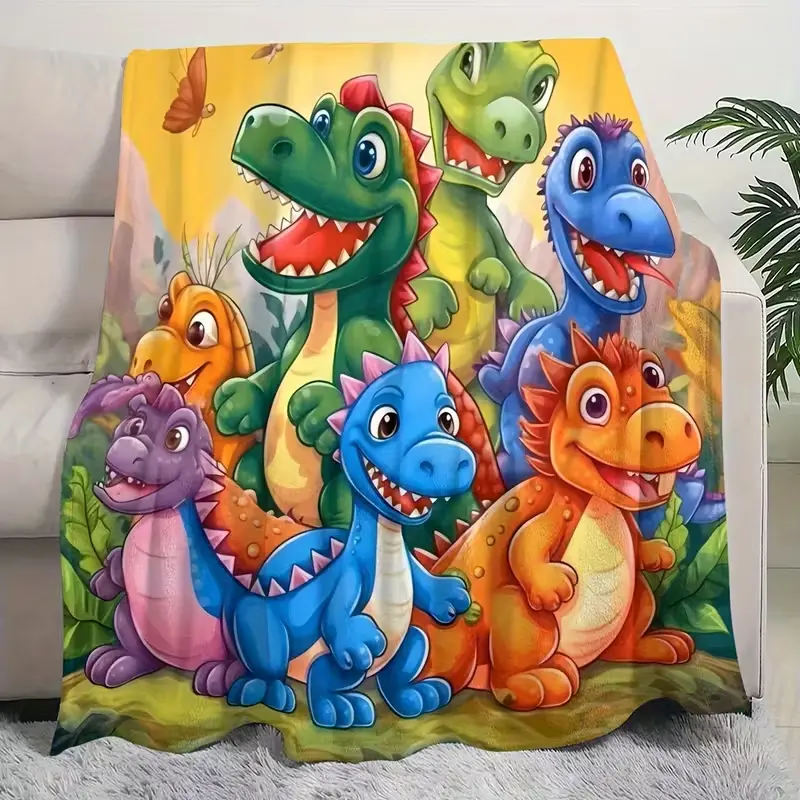 Dinosaur Cartoon Print Flannel Fleece Blanket - Hypoallergenic, Machine Washable, All-Season Soft Cozy Throw with Vibrant T-Rex, Velociraptor, Stegosaurus Designs for Bed, Sofa, Contemporary Bedding & Living Room Decor, Flannel Blankets