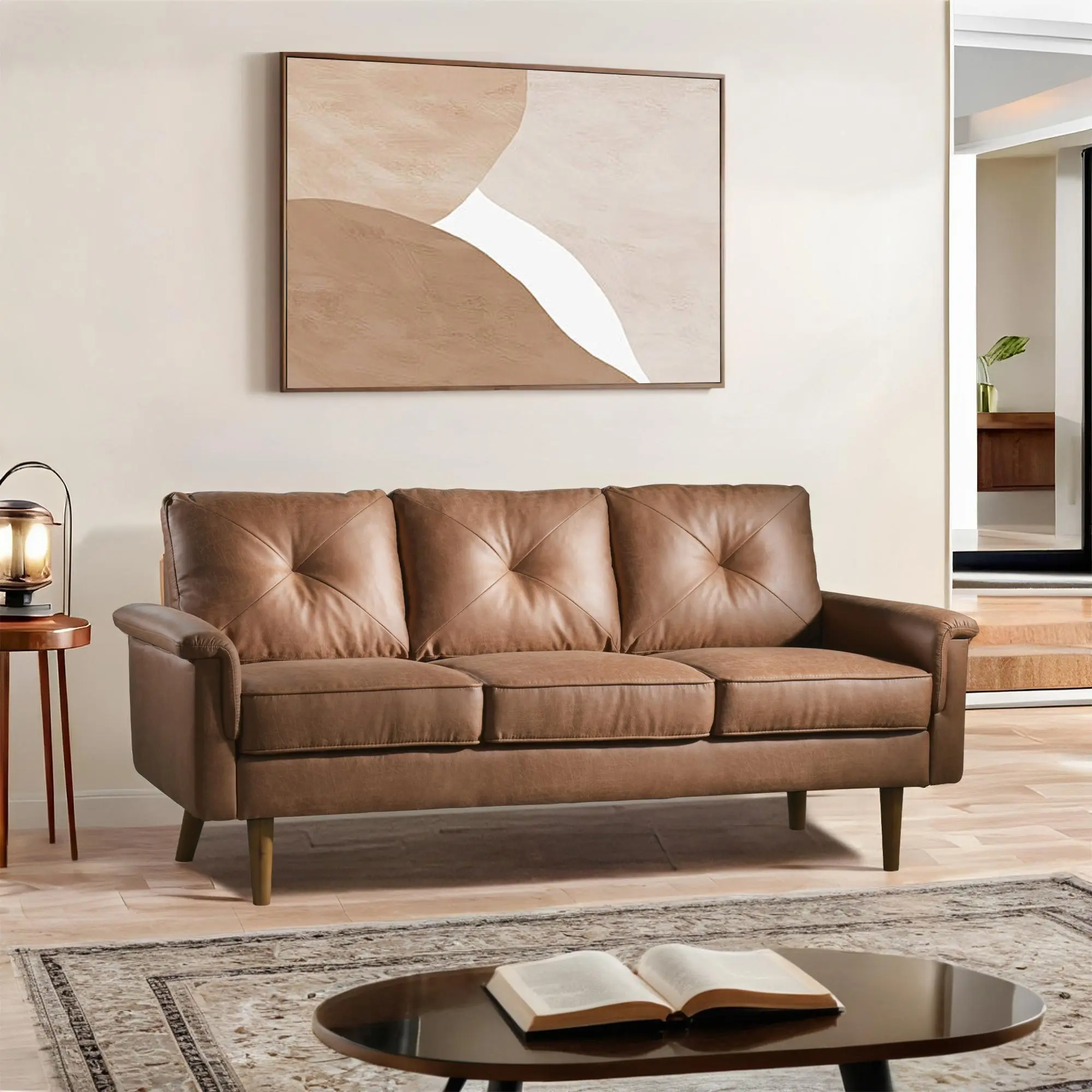 Altrigsu Mid-Century Modern Sofa Couch, Breathable Faux Leather, 3-Seat Design, Upholstered Cushions, Ideal for Living Room or Office Space