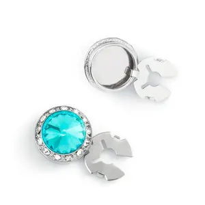 Men's Silver/Aquamarine Button Cover Cuff-Link With Crystal Stud Centered Surrounded By Crystal Studs