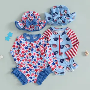 Baby Girls  Swimsuit 4th of July Outfit Zip Rash Guard with Hat 2Pcs Swimwear Ruffled Cute Newborn Baby Girl Bathing Suit