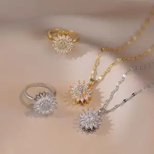 SHOW CRAFT 2026 New Sunflower Copper Inlaid Zircon Necklace and Ring Set, Movable Sunflower Stress-Relief Jewelry Set, Fashionable Jewelry Gift