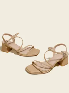 Women's Apricot High Heel Sandals, Cat Heel, Thin Strap, 6cm Wine Glass Heel, Buckle Design, Comfortable and Fashionable Slip-On Shoes