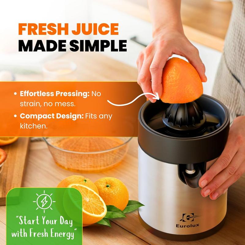 Eurolux Electric Citrus Juicer - Powerful Motor, Anti-Drip System, Dishwasher Safe Parts, Stainless Steel Housing, Automatic Start/Stop, for Orange, Grapefuit, Lemon, Lime,
