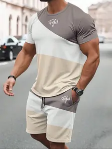 Men's Regular Fit Contrast Trim Short Sleeve Tee & Shorts Two-Piece Set, Casual Round Neck T-shirt & Track Shorts, Men's Clothing for Outdoor Activities, Casual Lounge Set