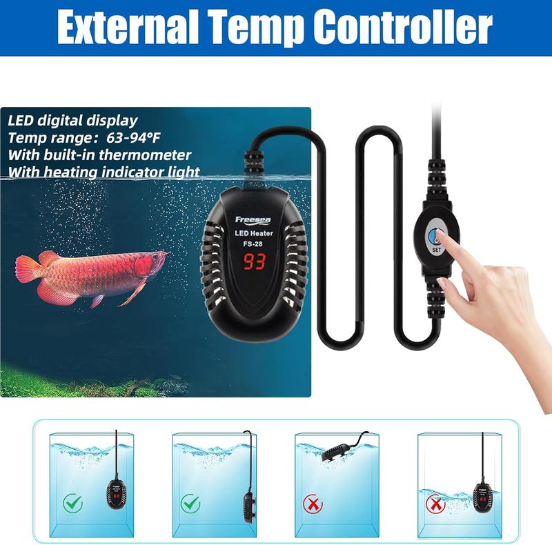 FREESEA Aquarium Fish Tank Heater: 100W Small Submersible Turtle Heater with Adjustable Temperature External Controller for Betta | Saltwater | Freshwater | 10-20 Gallon Mini Submersible Aquarium Heater Adjustable USB gallon tank